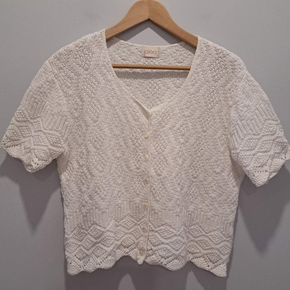 Vtg White Crochet Open Knit Coquette Cottagecore Short Sleeve Cardigan Womens S